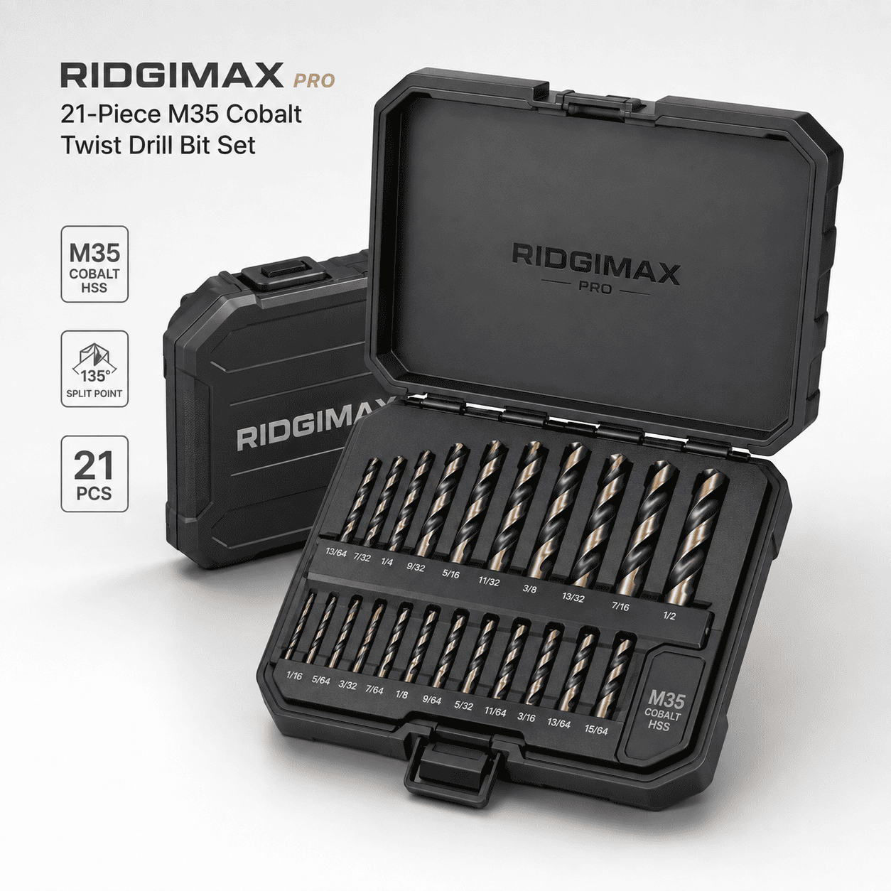 RIDGIMAX Pro 21-Piece M35 Cobalt Twist Drill Bit Set