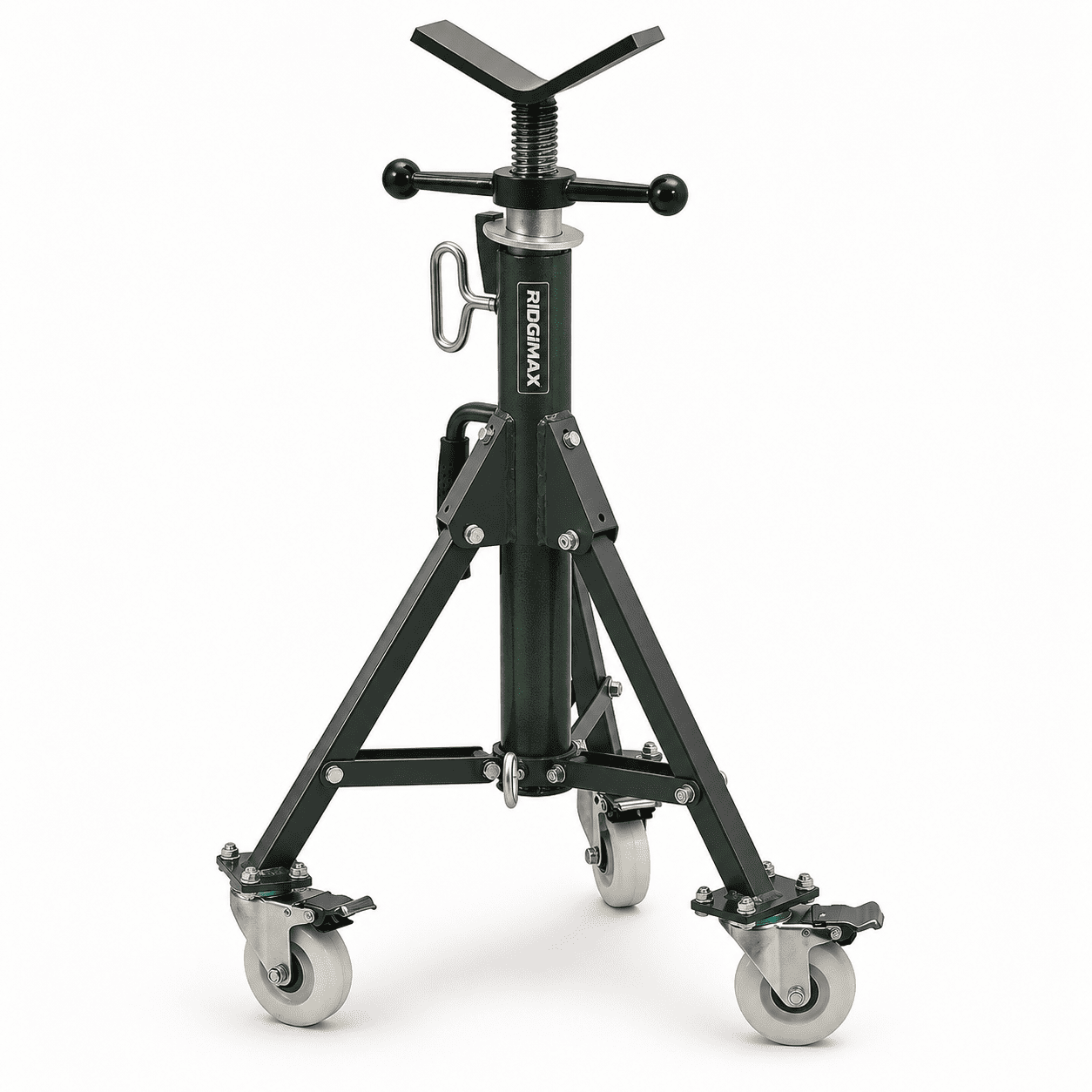 RIDGIMAX Heavy-Duty Adjustable V-Head Pipe Jack Stand with Casters