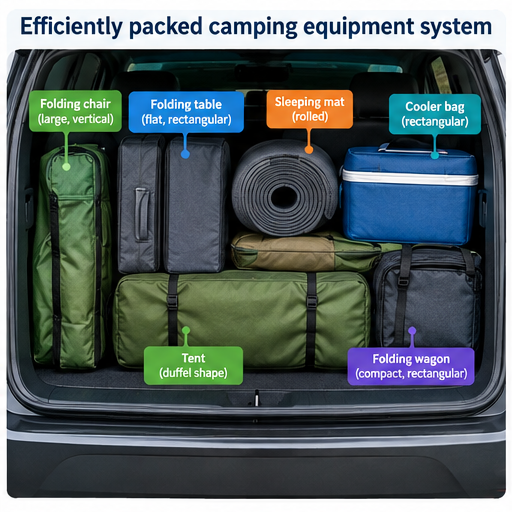 camping equipment arranged by folded dimensions and retrieval order