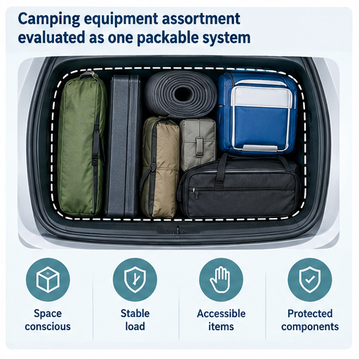 camping equipment assortment evaluated as one packable system