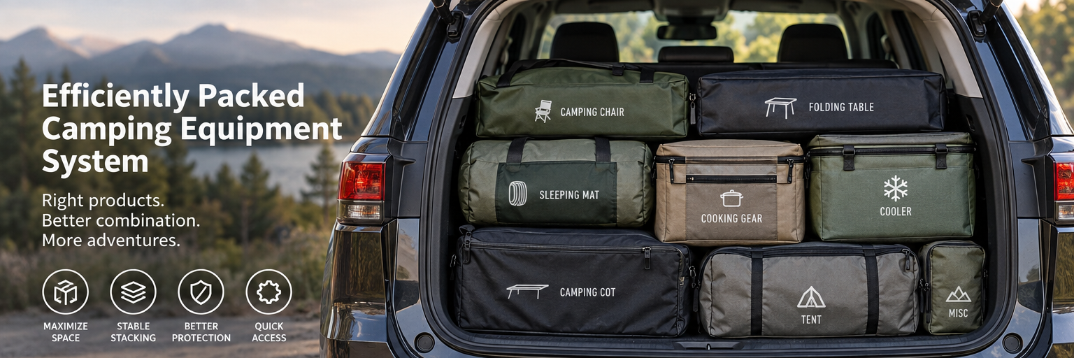 camping equipment organized by setup and retrieval order